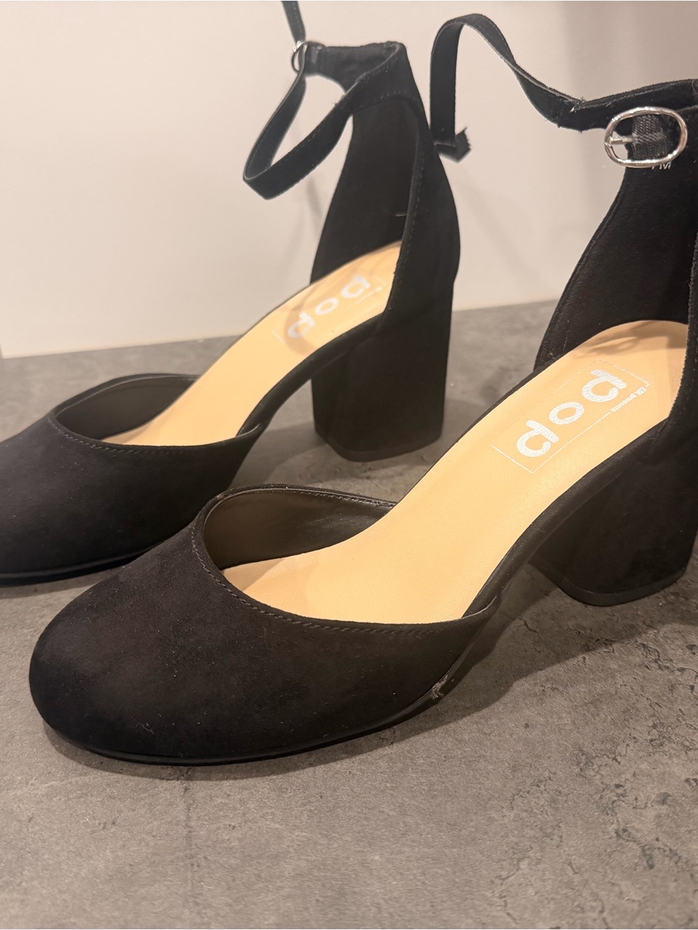 pop Black Suede Ankle-Strap Block Heel Pumps